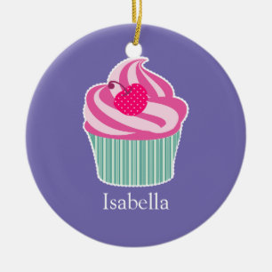 Personalised Pink Cupcake WIth Polka Dot Cherry Ceramic Ornament