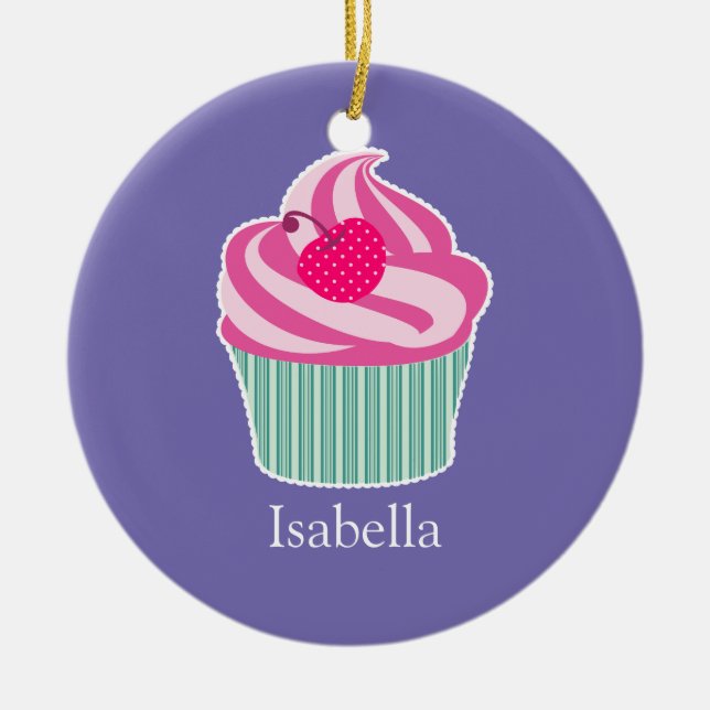 Personalised Pink Cupcake WIth Polka Dot Cherry Ceramic Ornament (Front)