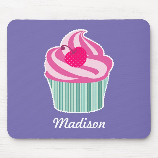 Personalised Pink Cupcake WIth Polka Dot Cherry Mouse Pad (Front)