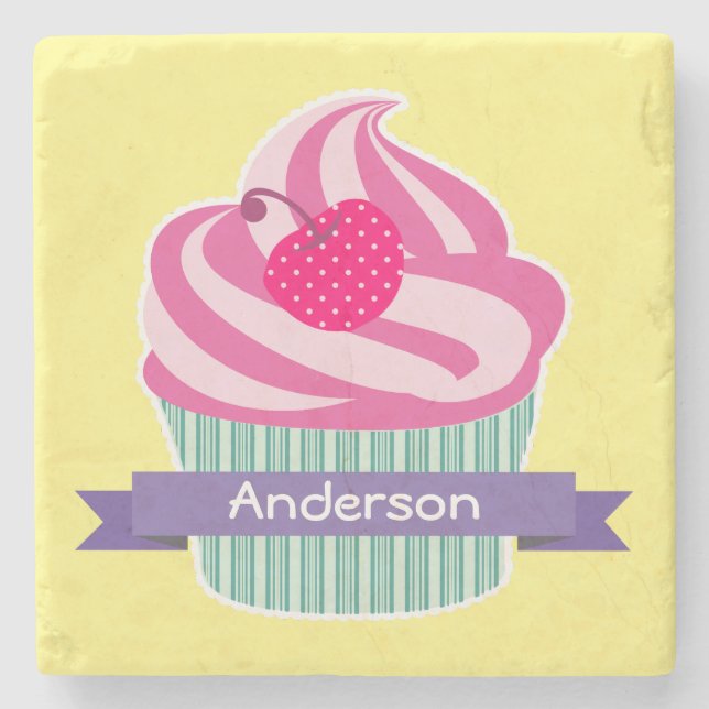 Personalised Pink Cupcake WIth Polka Dot Cherry Stone Coaster (Front)