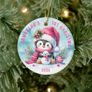 Personalised Pink Cute Penguin Girl 1st Christmas  Ceramic Ornament