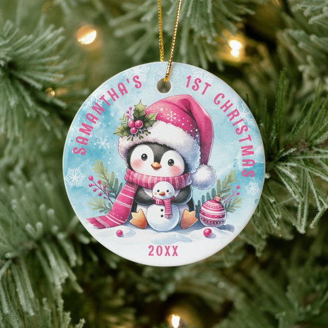 Personalised Pink Cute Penguin Girl 1st Christmas  Ceramic Ornament (Tree)