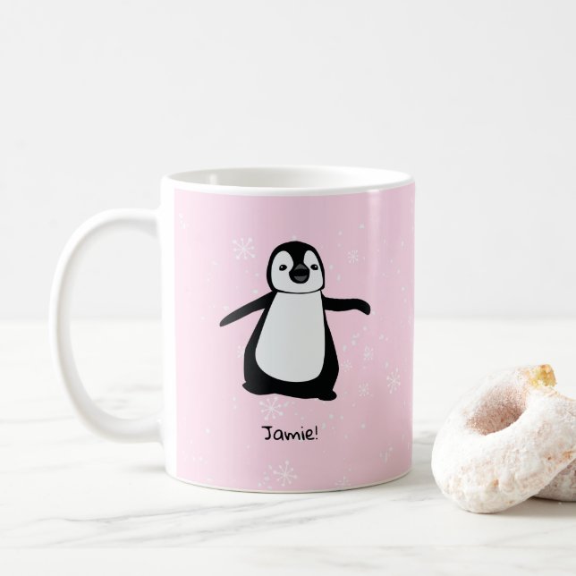 Personalised Pink Cute Penguin Winter snow flakes Coffee Mug (With Donut)