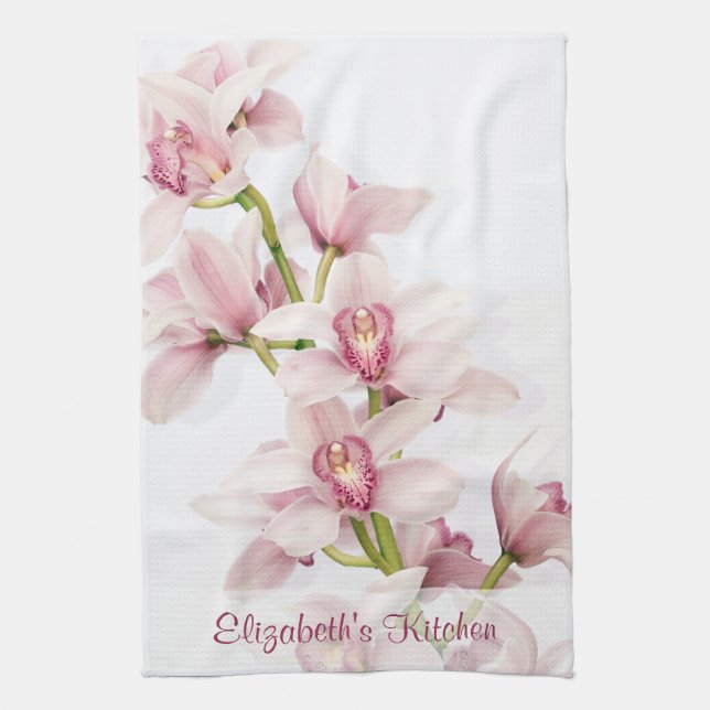 Personalised Pink Cymbidium Orchid Kitchen Towel (Vertical)