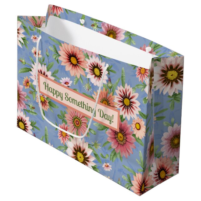 Personalised Pink Daisies on Blue Floral Pattern Large Gift Bag (Front Angled)