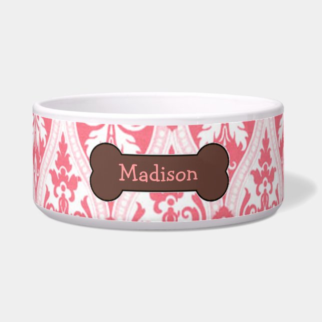 Personalised Pink Damask Dog Food Bowl (Front)