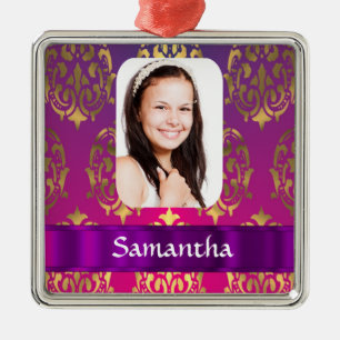 Personalised pink damask photo template metal tree decoration