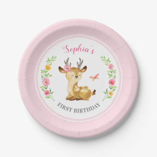 Personalised Pink Deer Girl First Birthday Party Paper Plate