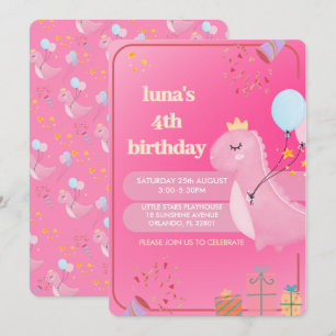 Personalised Pink Dinosaur  Birthday Invitation