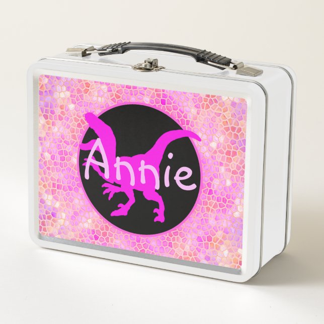 Personalised PInk Dinosaur Hide  Metal Lunch Box (Front)