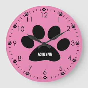 Personalised Pink Dog Paw Large Clock
