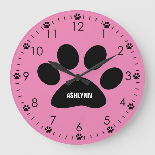 Personalised Pink Dog Paw Large Clock (Front)