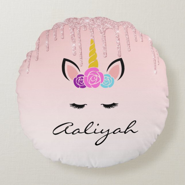 Personalised Pink Dripping Glitter/Floral Unicorn Round Cushion (Front)