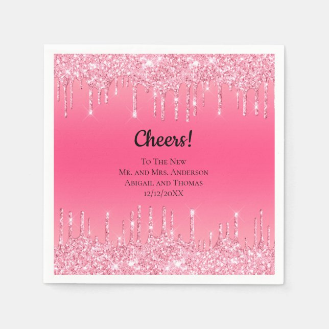 Personalised Pink Dripping Glitter Trendy Wedding  Napkin (Front)