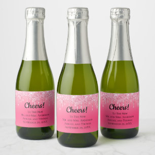 Personalised Pink Dripping Glitter Trendy Wedding  Sparkling Wine Label