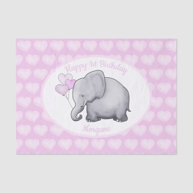 Personalised Pink Elephant 1st Birthday Nursery Tissue Paper (Front)