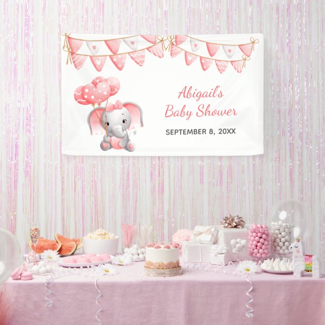 Personalised Pink Elephant Balloons Baby Shower Banner (Party)
