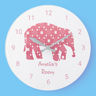 Personalised Pink Elephant Bedroom Large Clock