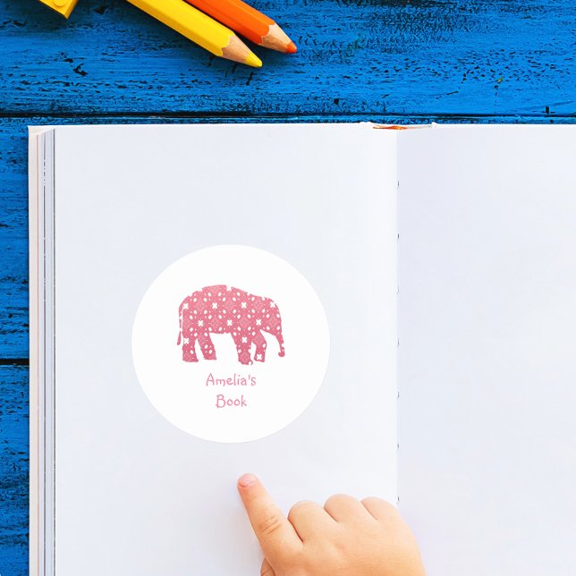 Personalised Pink Elephant Book Plate Classic Round Sticker (Creator Uploaded)