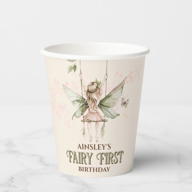 Personalised Pink Fairy First 1st Birthday Party Paper Cups (Front)
