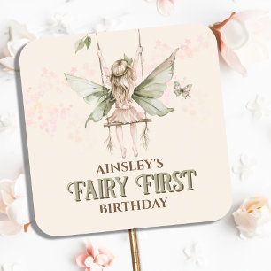 Personalised Pink Fairy First 1st Birthday Party Square Sticker