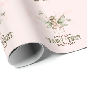 Personalised Pink Fairy First 1st Birthday Party Wrapping Paper