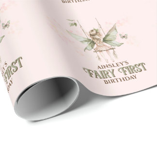Personalised Pink Fairy First 1st Birthday Party Wrapping Paper