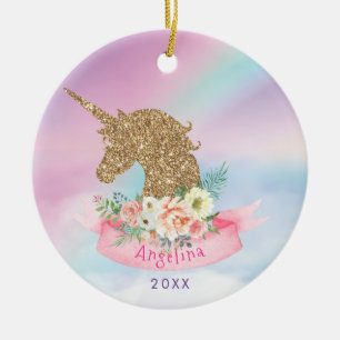Personalised Pink & Faux Gold Glitter Unicorn Ceramic Ornament