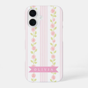 Personalised pink feminine coquette floral striped iPhone 16 case