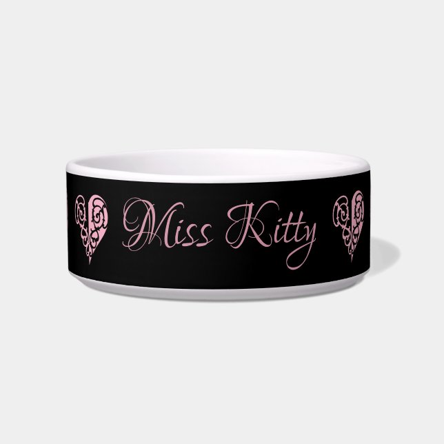 Personalised Pink Filigree Heart Ceramic Pet Bowl (Front)