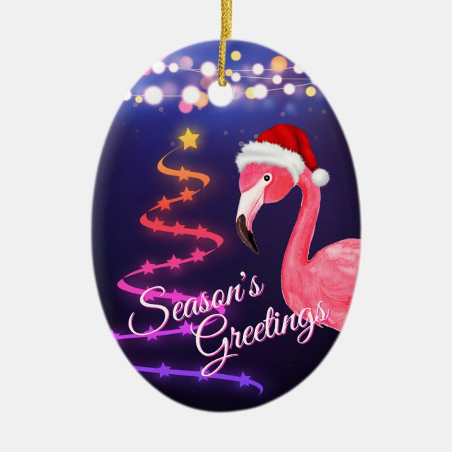 Personalised Pink Flamingo Beach Christmas Ceramic Ornament (Front)