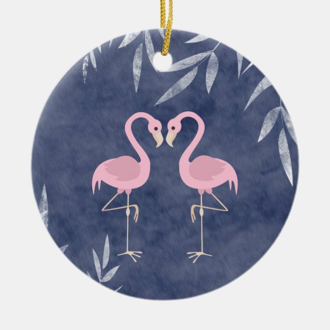 Personalised Pink Flamingo Couple Tropical Beach Ceramic Ornament (Front)