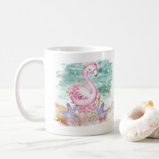 Personalised Pink Flamingo Design Coffee Mug Cup (With Donut)