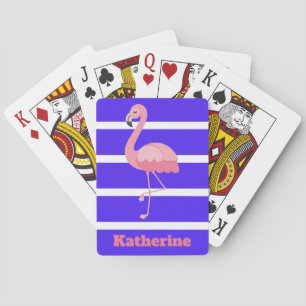 Personalised Pink Flamingo On Blue Stripes Playing Cards