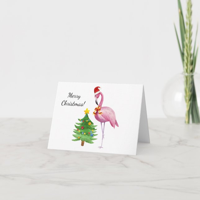 Personalised Pink Flamingo Santa Christmas Card (Front)