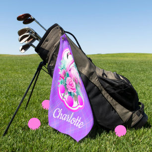 Personalised Pink Flamingo Tropical Purple Golf Towel