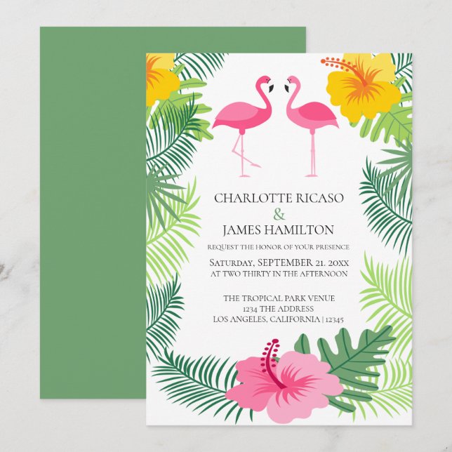 Personalised Pink Flamingo Tropical Wedding Invitation (Front/Back)