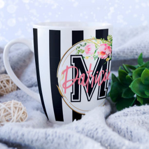 Personalised Pink Floral B&W Striped Name Monogram Coffee Mug