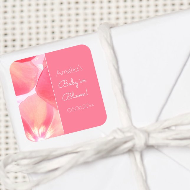 Personalised Pink Floral Baby in Bloom Baby Shower Square Sticker (Creator Uploaded)