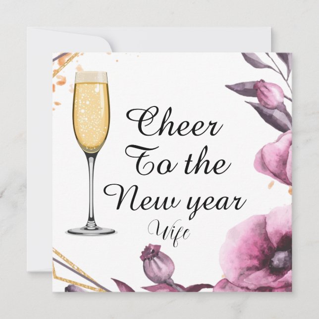 Personalised pink floral champagne glass typograph holiday card (Front)