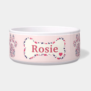 Personalised Pink Floral Dog Bowl with Name