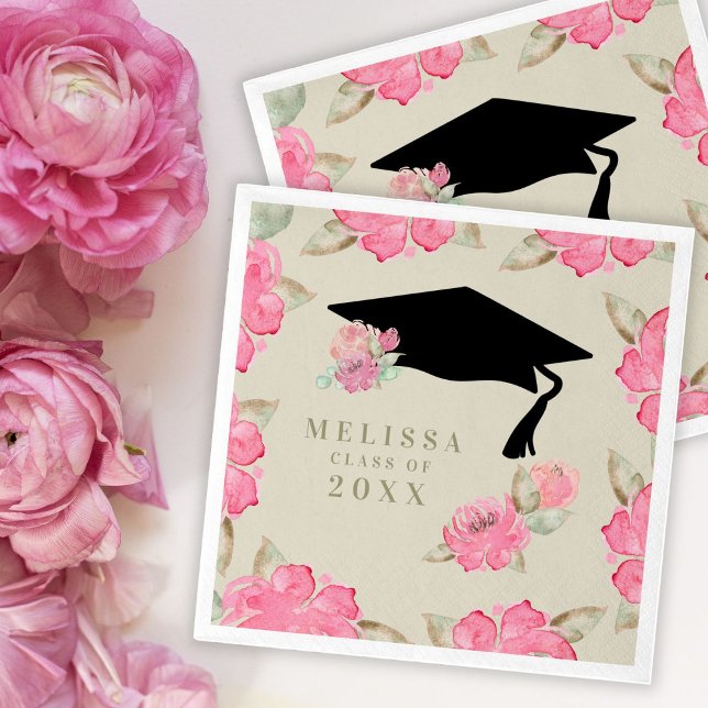 Personalised Pink Floral Girl's Graduation Party Napkin (Creator Uploaded)