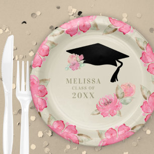 Personalised Pink Floral Girl's Graduation Party Paper Plate