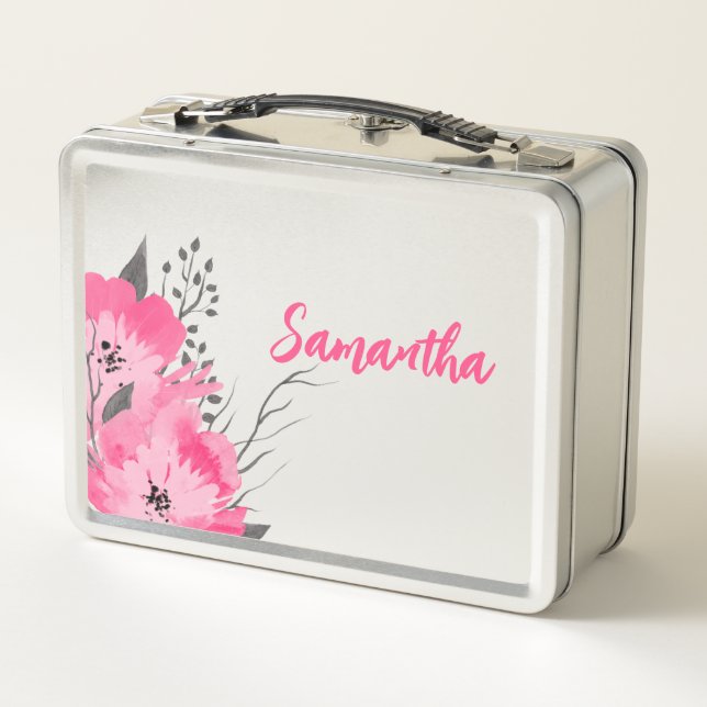 Personalised Pink Floral Metal Lunch Box (Back)