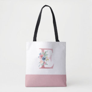 Personalised Pink Floral Monogram Letter E Tote Bag