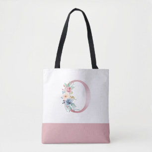 Personalised Pink Floral Monogram Letter O Tote Bag