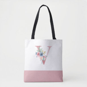 Personalised Pink Floral Monogram Letter V Tote Bag