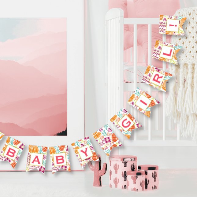 Personalised Pink Floral Patten Baby Girl Bunting (Yout text here.  Any custom message. Enter design tool to customize more.)