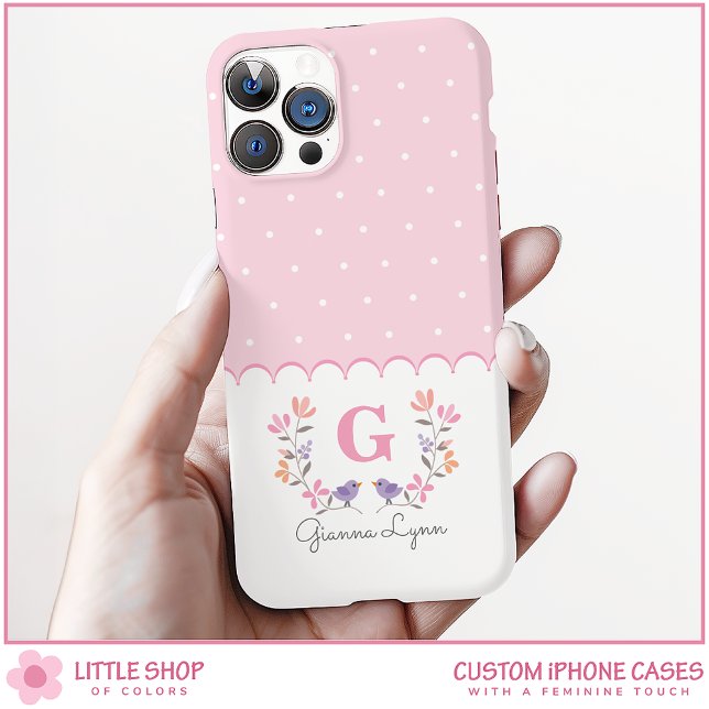 Personalised Pink Floral Polka Dots Monogram Case-Mate iPhone Case (Creator Uploaded)