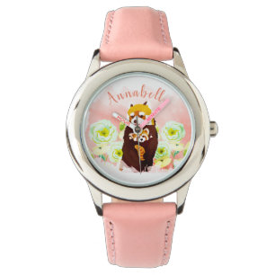 Personalised Pink Floral Red Panda Kid's Watch